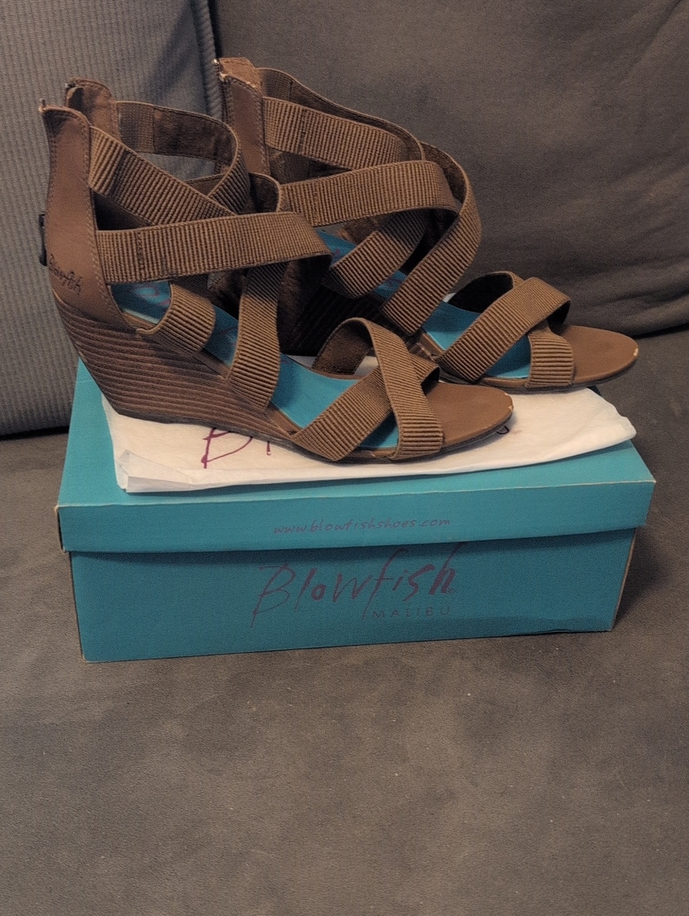 Blowfish Brown Nylon Crisscross Wedge Sandals Women's Size 9